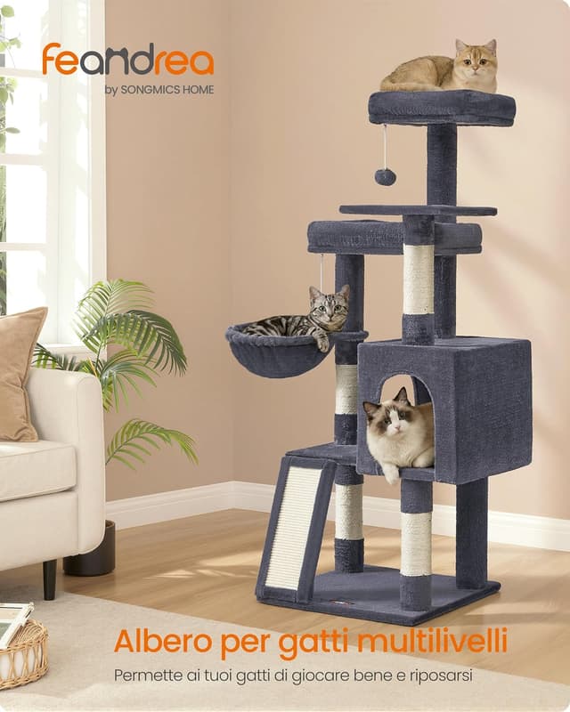 Detalle de Feandrea Albero Tiragraffi PCT012GS01 in grigio scuro: torre con 3 piattaforme e cuccia