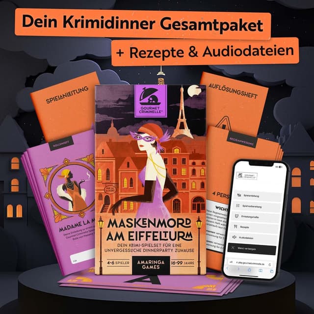 Detalle de Gourmet Criminelle® Krimidinner für zuhause: Mysteriöser Mordfall am Eiffelturm (für 4–6 Personen, ab 16 Jahren)
