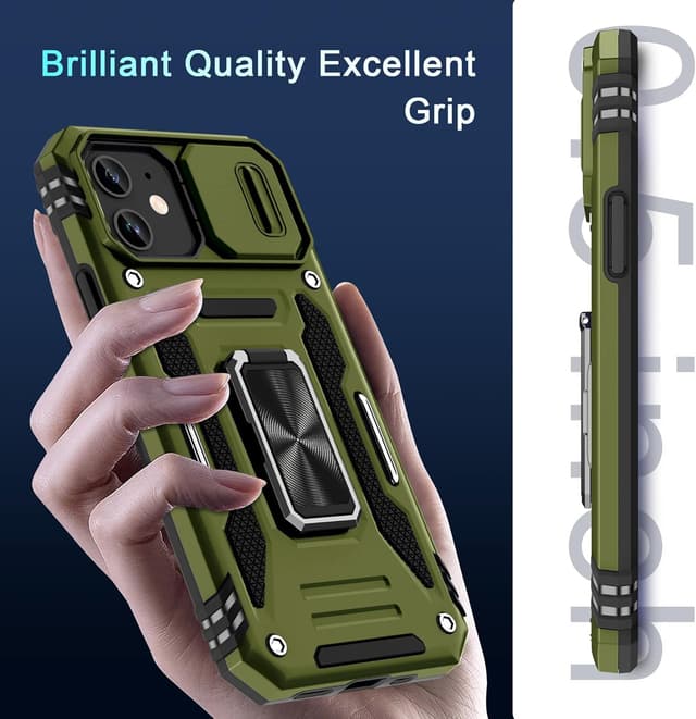 Thumbnail 6 de DEERLAMN iPhone 11 Case with Sliding Camera Cover, Magnetic Ring Kickstand & Screen Protectors (Olive Green, 2-pack)