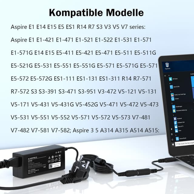 Detalle de 65W Laptop Ladekabel Netzteil 19V für Acer Aspire (5.5x1.7 mm & 3.0x1.1 mm) inkl. Adapter