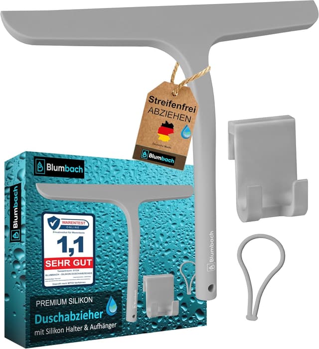 Detalle de BLUMBACH® Duschkabinenabzieher grau – 28 cm Glasabzieher mit Halterung und Silikonlippe