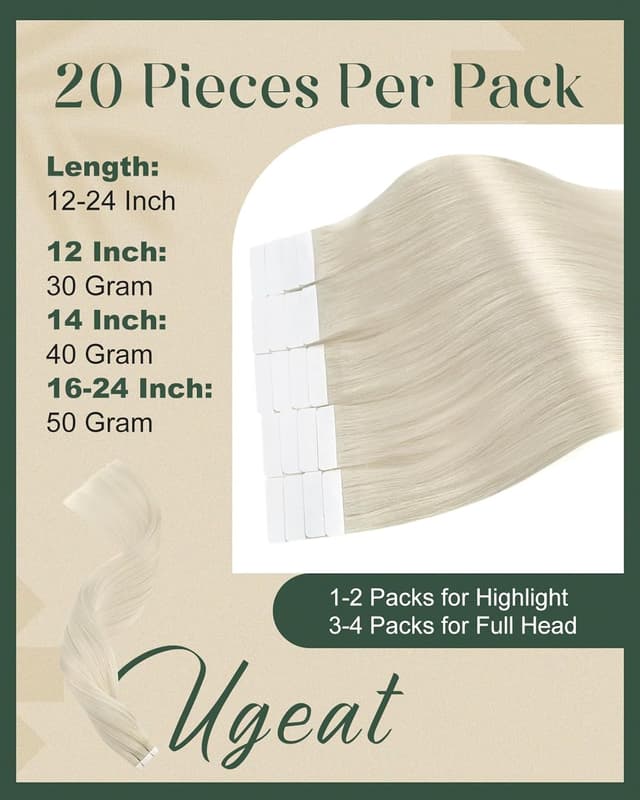 Detalle 2 de Ugeat Tape-in Extensions Echthaar Blond (Platinblond) 55 cm, 50 g, 20 Stück – Remy, flache Tape-Strips