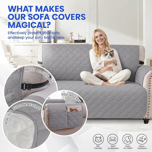 Detalle de Ystyle copripoltrona 1 posto impermeabile trapuntato grigio chiaro con braccioli e tasche