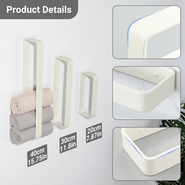 Detalle 2 de SAYAYO 40cm Self-Adhesive Towel Rail Wall Mounted (Cream White) – No Drilling Heavy Duty Towel Ring