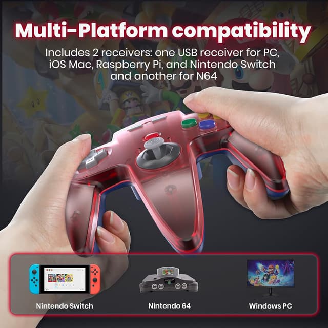 Detalle 2 de miadore Wireless N64 Controller für Switch & PC – 2,4 GHz mit USB- und N64-Empfänger (Klares Rot)