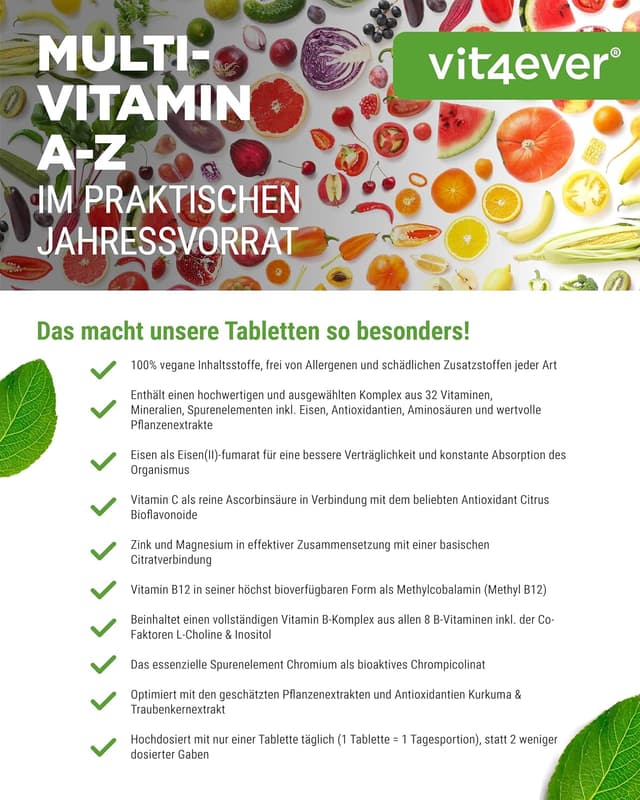 Detalle de Multivitamin A-Z - 365 Tabletten (12 Monate) - 32 aktive Inhaltsstoffe - Kombination aus Mineralien + Aminosäuren + Spurenelementen + Pflanzenextrakten - Vegan - Hochdosiert
Multivitamin A-Z - 365 Tabletten (12 Monate) - 3…