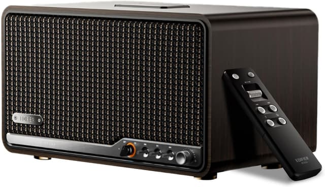 Detalle de Edifier S300 kabelloser Hi‑Fi‑Tischlautsprecher mit AirPlay 2, AirPlay‑Multiroom und Fernbedienung (Retro‑Walnussoptik)