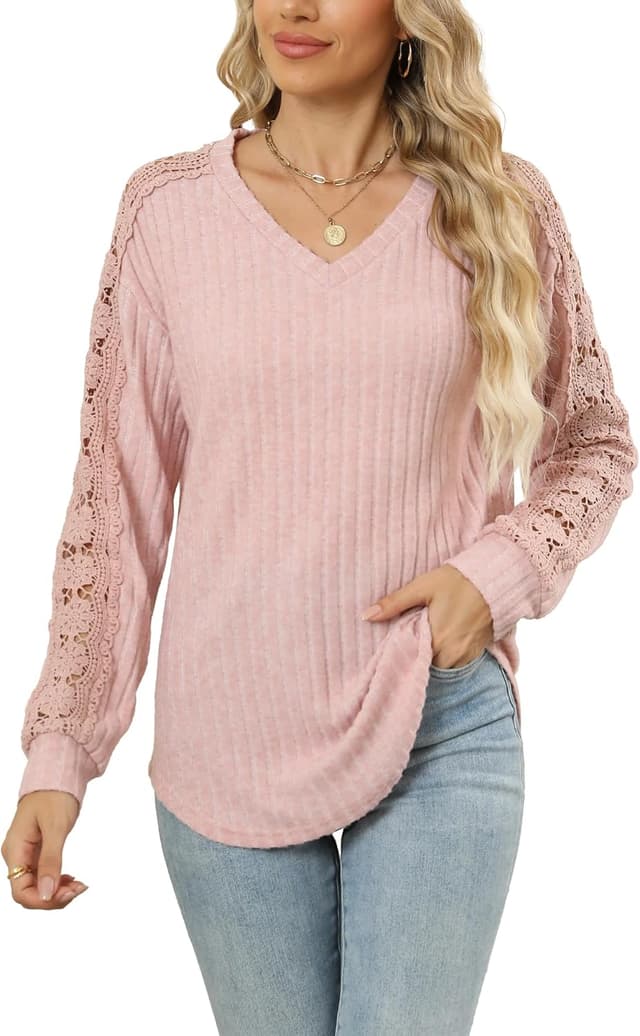 Detalle de Famulily V Neck Jumper for Women – lightweight hollow-out long sleeve top for layering
