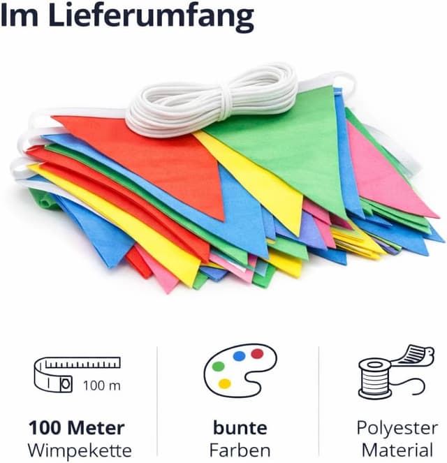 Detalle de XXL Wimpelkette Stoff 100 Meter bunt – Girlande & Banner für Indoor und Outdoor Deko