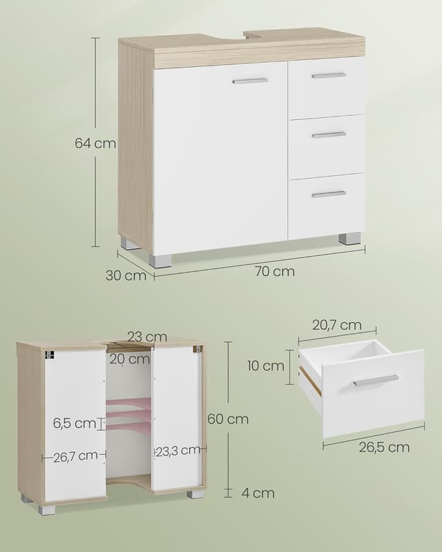 Detalle de VASAGLE Mobile sottolavabo BBK504K01 con 3 cassetti laterali e 2 vani dietro anta (30 x 70 x 64 cm) bianco e beige