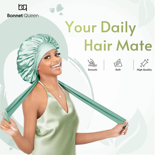 Detalle de Bonnet Queen Silk Bonnet for Sleeping Women (Sage Green) — Adjustable Tie Band Satin Night Cap for Curly Hair