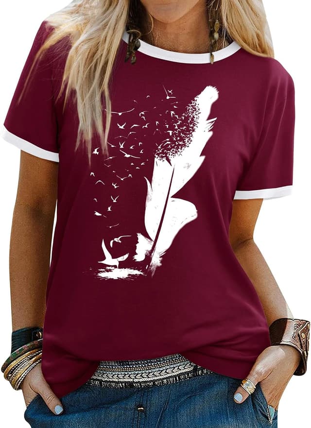 Detalle de Dresswel Women Peace Dove Feather Graphic Print T-Shirt (Crew Neck, Short Sleeve)