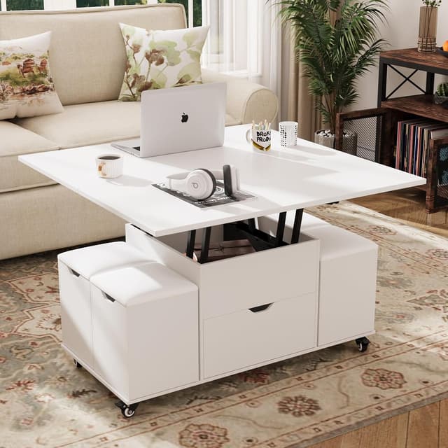 Detalle de VOWNER Table Basse Relevable 3 en 1 avec tiroir et 4 tabourets (blanc) — transformable en table à manger
