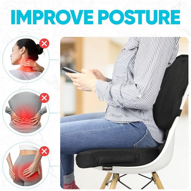 Detalle de FORTEM Coccyx Cushion XL with memory foam lumbar support and non-slip chair pad
