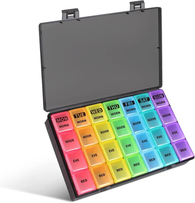 Detalle de Opret Weekly Pill Organiser – 7-day, 4-times-a-day tablet box with removable daily cases and 28 compartments (Black-Rainbow)