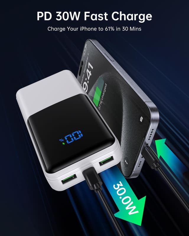 Detalle de Coblob 27000mAh power bank with PD 3.0 fast charging, USB-C & micro inputs, 3 outputs (white)