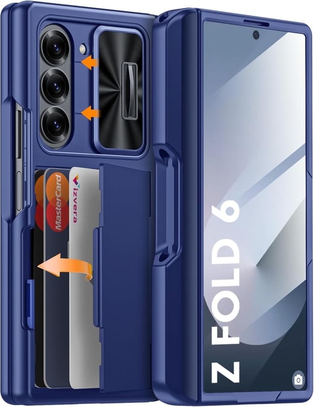 Detalle de Vizvera Galaxy Z Fold 6 Case (Blue) with RFID card holder, S Pen slot, sliding camera cover and screen protector