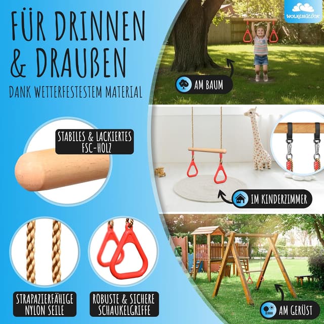 Detalle de WOLKENGLÜCK Trapez Schaukel für Kinder (2-in-1) mit Holztrapez und 2 Turnringen – höhenverstellbar 120 bis 150 cm, bis 150 kg