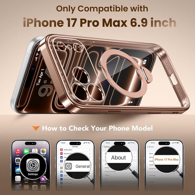 Detalle de GolbinBox iPhone 17 Pro Max Case with 360° Spin Magnetic Stand, MagSafe Compatible (Rose Gold/Clear)