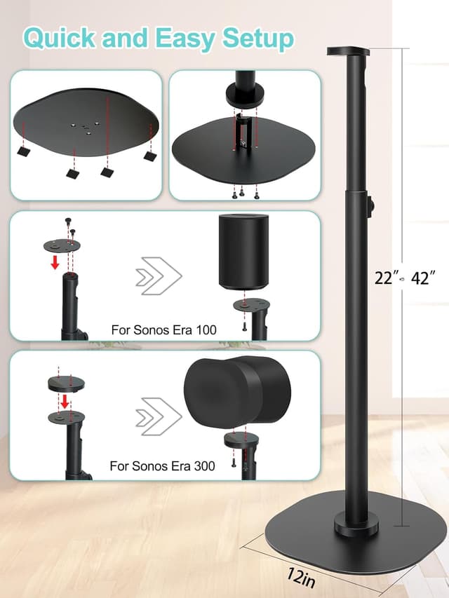 Detalle de Haturi Speaker Stands Pair for Sonos ERA 100 & ERA 300 (Adjustable 22–42 in) with Cable Management
