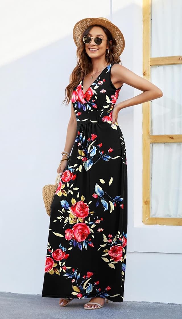 Detalle de AUSELILY Sommerkleid Damen Lang ärmellos Wickelkleid mit Tiefem V-Ausschnitt und Taschen