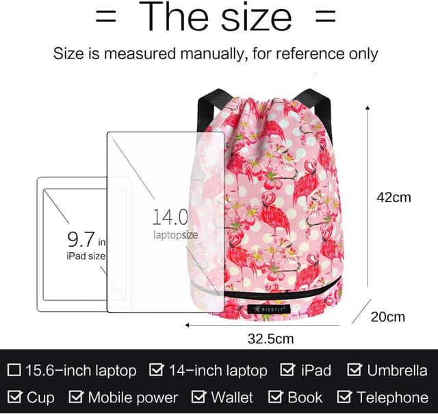 Detalle de Risefit Waterproof Swimming Bags Drawstring Gym Bags (PE, gym, yoga) with 7 pockets