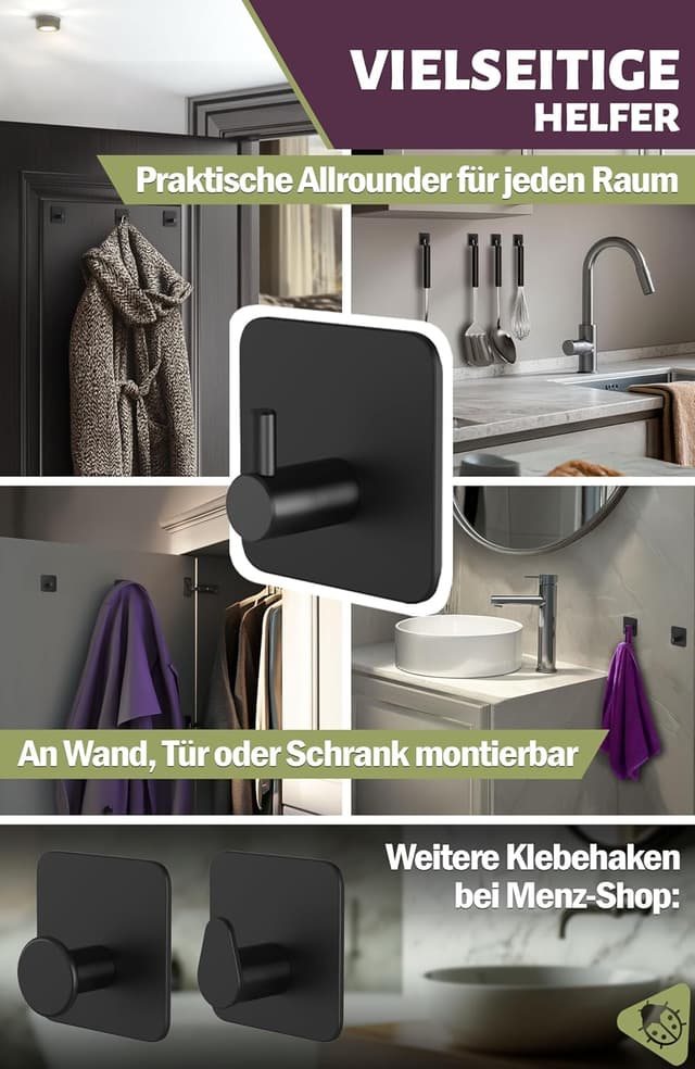 Detalle 2 de Menz Handtuchhaken ohne Bohren, 6er-Set – schwarze selbstklebende Handtuchhalter aus Edelstahl