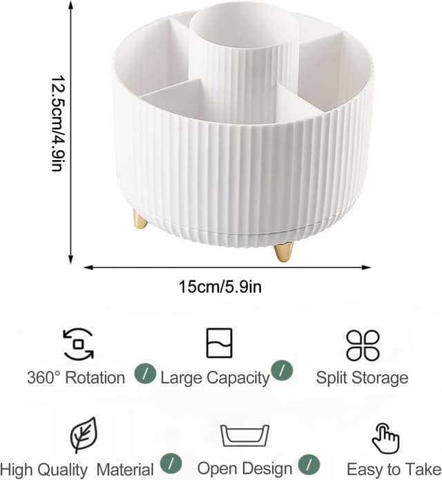 Detalle de Bekeify 360° Rotating Makeup Organiser with 5 Compartments (White ABS) for Brushes, Cosmetics & Small Accessories