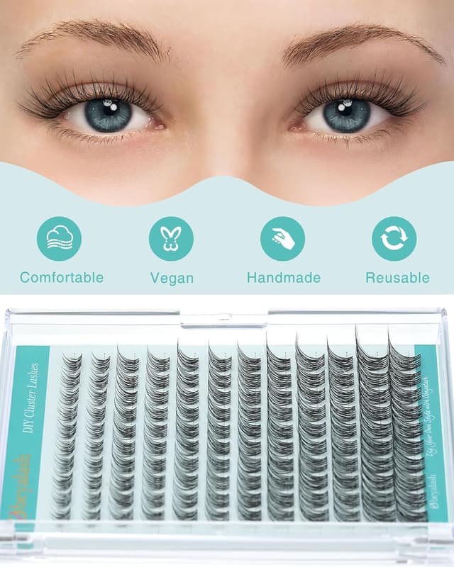 Detalle de Obeyalash Lash Cluster Extensions (C Curl, 8-16 Mix) „Natural Look“ für Cat-Eye – 120 Stück, Clear Band, DIY