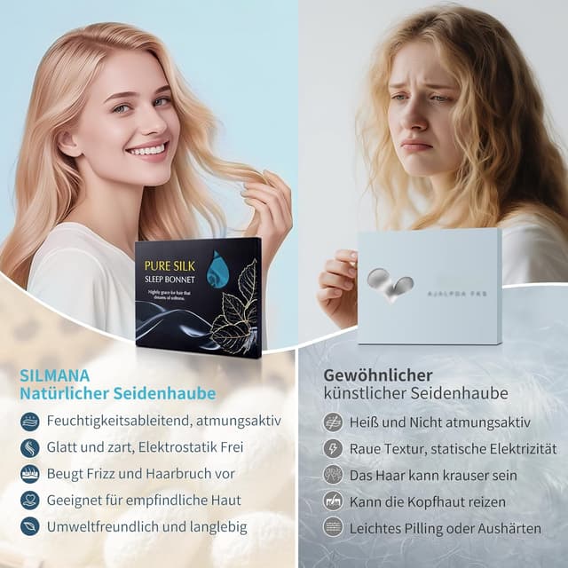 Detalle de Silmana Seidenhaube zum Schlafen aus 100 % Maulbeerseide (22 Momme), doppellagig & beidseitig nutzbar