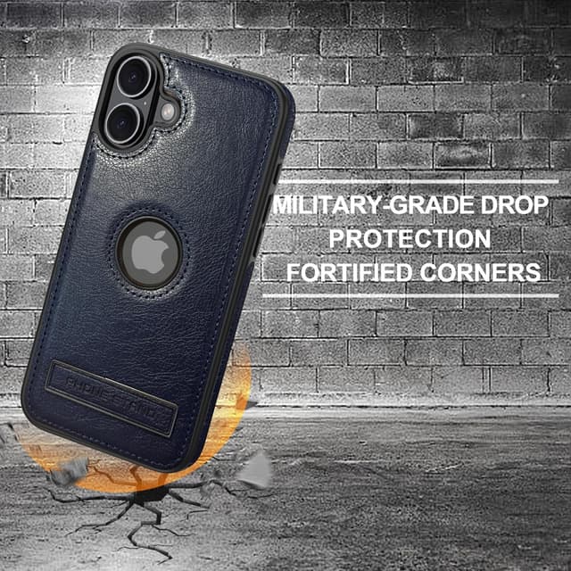 Detalle de KSELF Leather Case for iPhone 16 (6.1-inch) with Built-In Invisible Kickstand — Blue, Slim Shockproof Cover