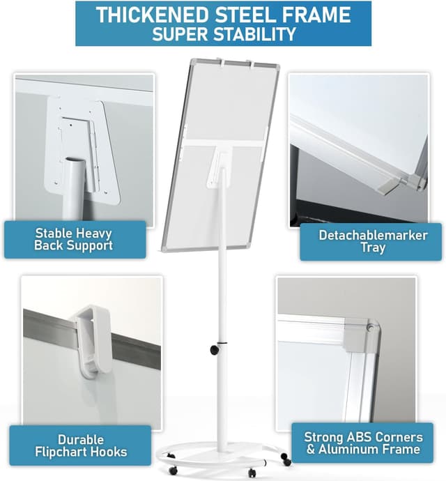 Detalle de Nicpro mobile whiteboard flip chart stand (90 x 60 cm) – height adjustable magnetic dry-erase easel with pens, erasers & magnets