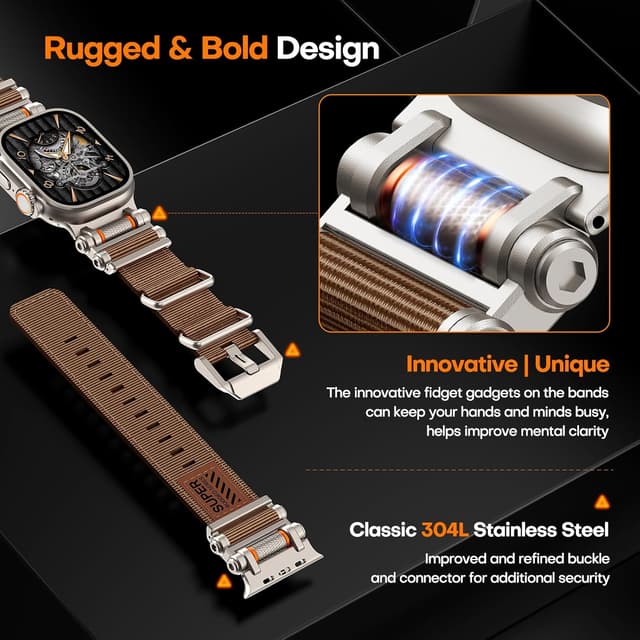 Detalle de TAURI Rugged Braided Nylon Apple Watch Ultra Strap (49mm) with Stainless Steel Connectors – Adjustable Woven Band in Brown