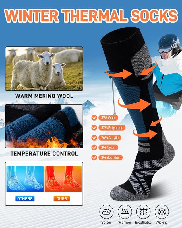 Detalle de Niorasen Merino Wool Ski Socks (Unisex) – 2 Pairs Thermal Knee-High for Winter Sports