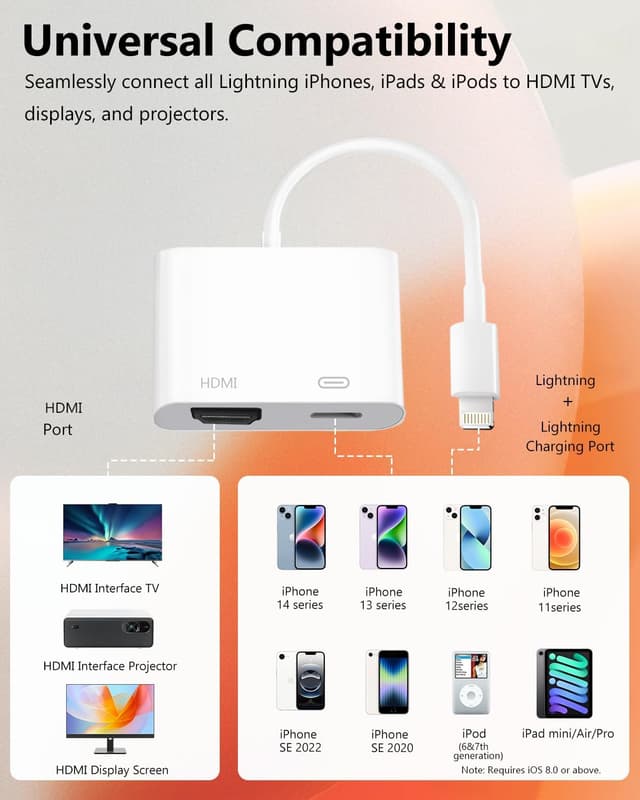 Detalle 2 de Lightning to HDMI Adapter for iPhone (Apple MFi Certified) — Digital AV Dongle with Lightning Charging Port for 1080P Screen Mirroring