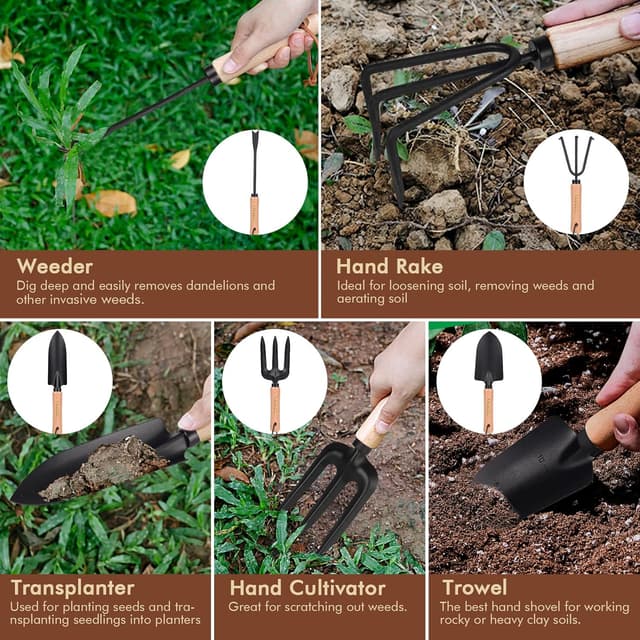 Detalle de YAUNGEL set di attrezzi da giardinaggio in acciaio inossidabile (10 pezzi) con manico in legno antiscivolo e borsa organizer