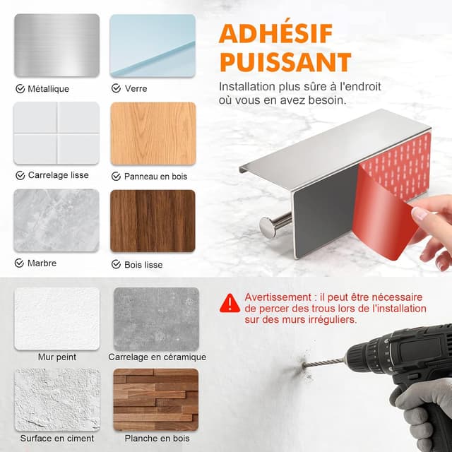 Thumbnail 6 de Ibergrif Porte-papier toilette double mural avec étagère en acier inoxydable (installation adhésive ou perçage) – Argent
