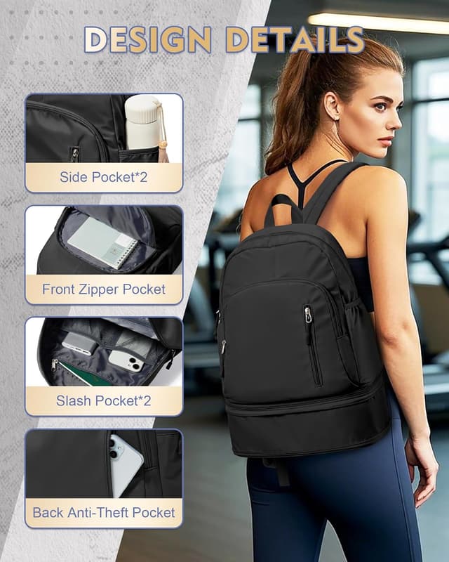 Detalle de VENATIN Gym Rucksack für Damen mit Schuhfach, Nass-/Trockenfach und Laptopfach bis 15,6 Zoll (Schwarz)