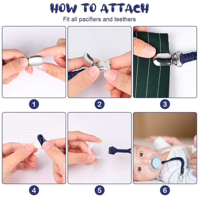 Detalle 2 de Aolso Schnullerketten aus Baumwolle (4er Set) mit Clips & Silikonadaptern – Königsblau/Grün/Braun/Grau