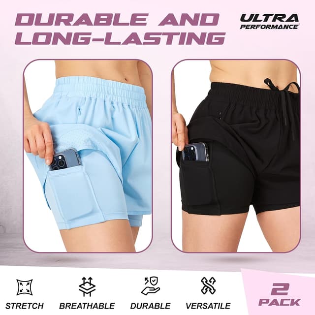 Detalle de Ultra Performance Women’s Running & Gym Shorts (Pack of 2) with Inner Compression Liner