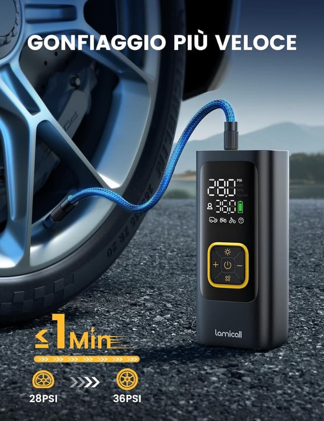 Detalle 2 de Lamicall Pompa Elettrica per Bicicletta con Compressore Portatile 150 PSI, spegnimento automatico e luce LED