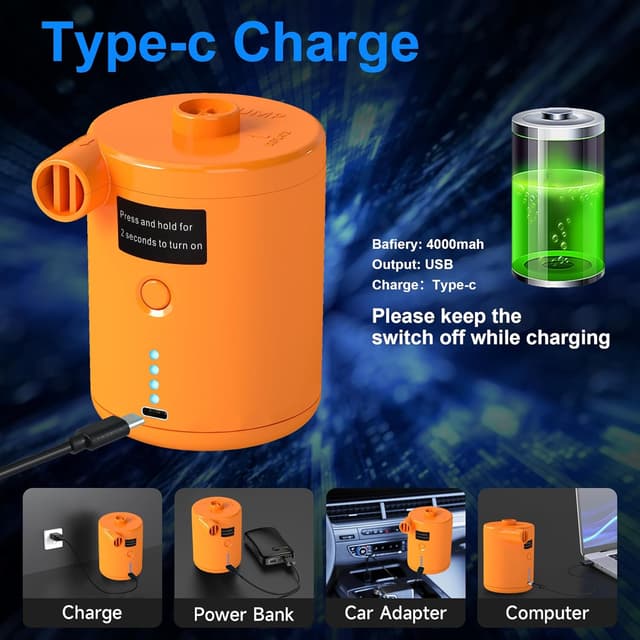 Detalle de Electric Air Pump for Inflatables (4000mAh) – Cordless pump with 3 nozzles for airbeds, paddling pools and more