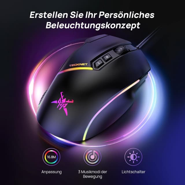 Detalle 2 de TECKNET kabelgebundene Gaming-Maus (12800 DPI, 8 programmierbare Tasten, 13 RGB) für Rechtshänder
