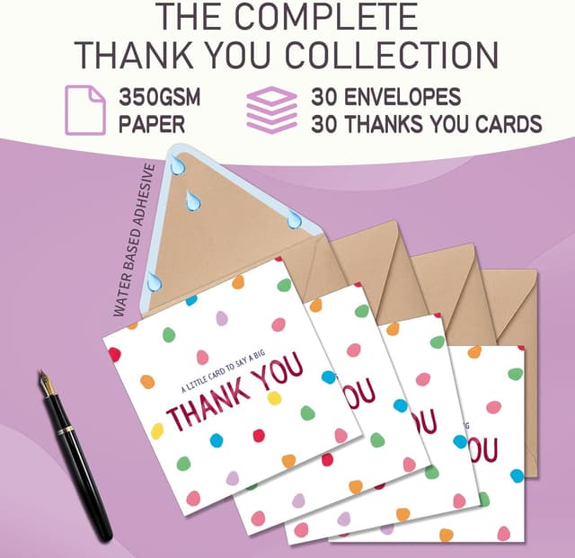 Detalle de Frelimiu 30-Pack Thank You Cards Multipack (350GSM) with Kraft Envelopes – Polka Dot Design