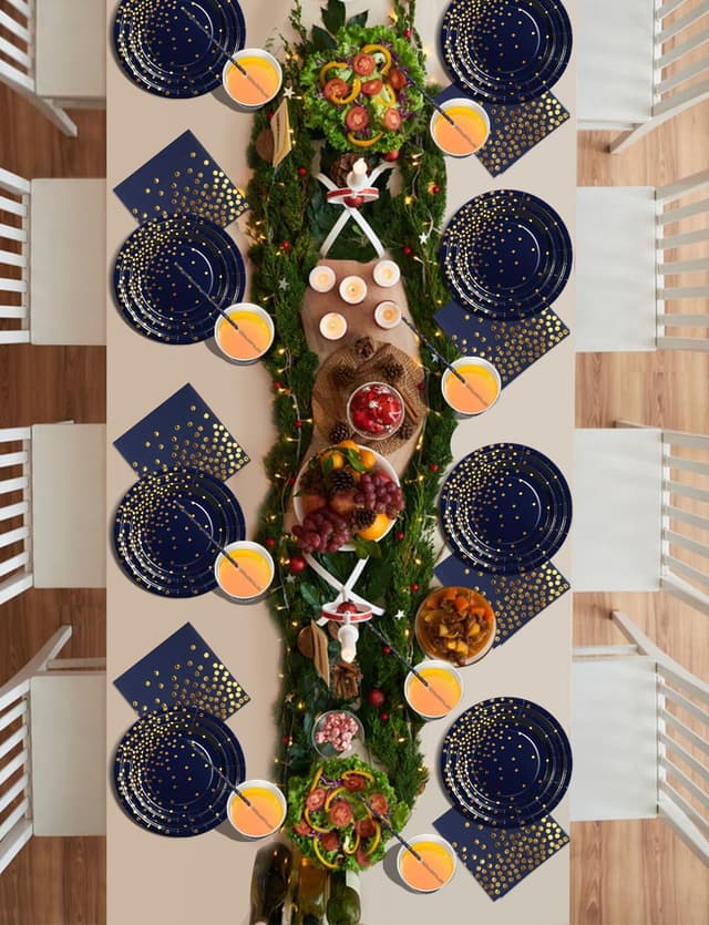 Detalle 2 de Nkaiso Party Tableware 126-piece set in navy blue and gold paper (for up to 25 guests)