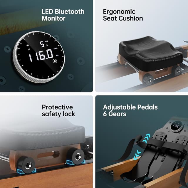 Thumbnail 6 de PASYOU PW60 : rameur d’eau pliable en chêne avec écran Bluetooth et compatibilité Kinomap