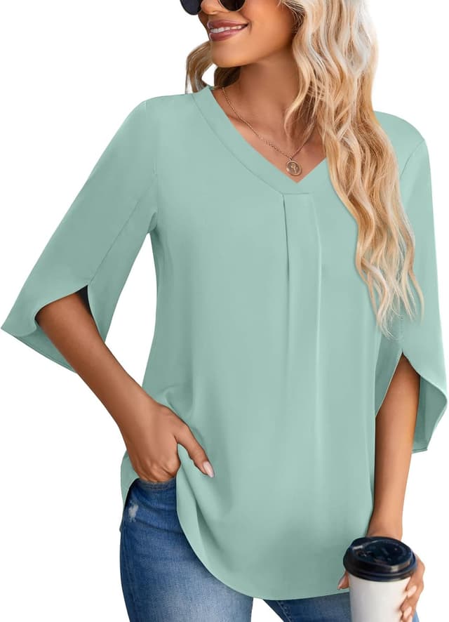 Detalle de Aodemo women’s chiffon blouse V-neck tunic with 3/4 sleeves (loose office-to-casual top)