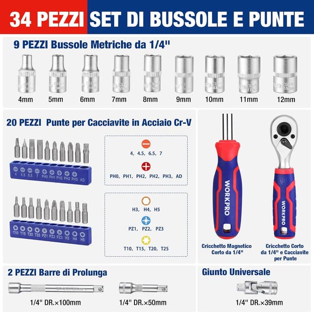 Detalle de WORKPRO Set da 34 bussole e bit con cricchetto 2-in-1, prolunga e snodo universale