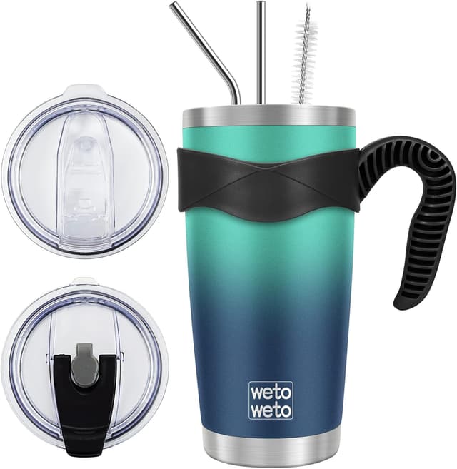 Detalle de WETOWETO 20oz Insulated Stainless Steel Tumbler with 2 Lids and 2 Straws (Vacuum Leak-Proof Travel Mug, Green-Blue Gradient)