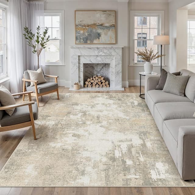 Detalle de PureCozy Beige abstrakter Kurzflor-Teppich für Wohnzimmer & mehr, 240x300 cm – waschbar, rutschhemmend